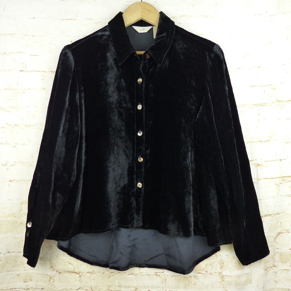 J.Jill Shirt Women M Black Velvet Button Down LS High Low Goth Witch Victorian